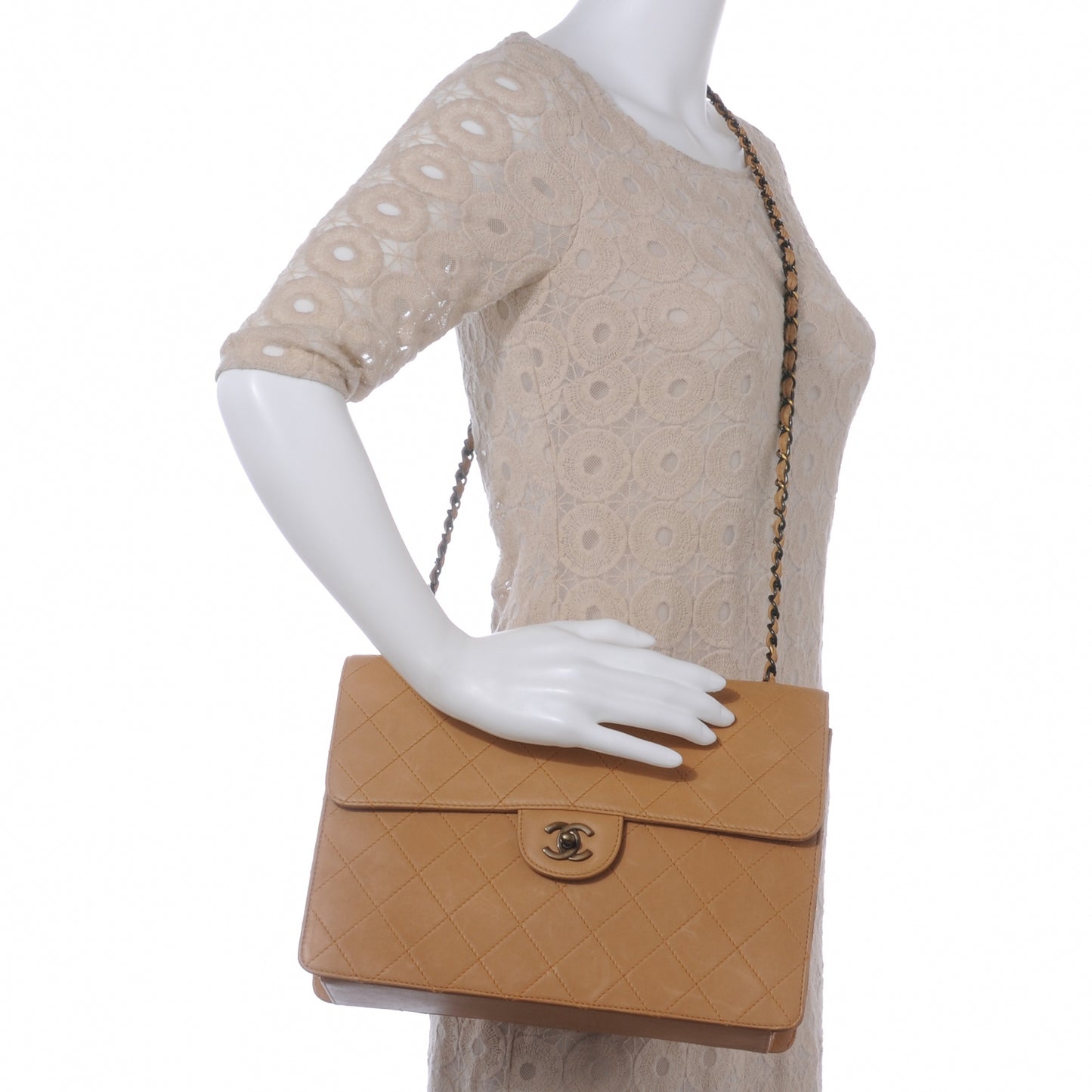 Lambskin Diamond Stitched Jumbo Flap Beige