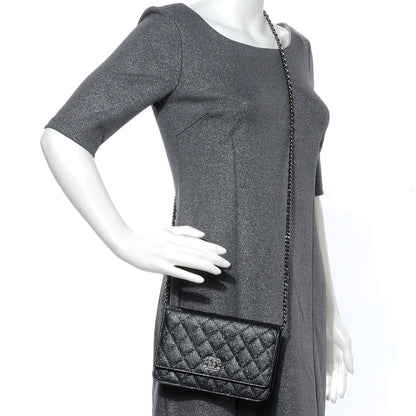 Chanel Glitter Calfskin Quilted Wallet on Chain WOC Black Silver 2 of 8