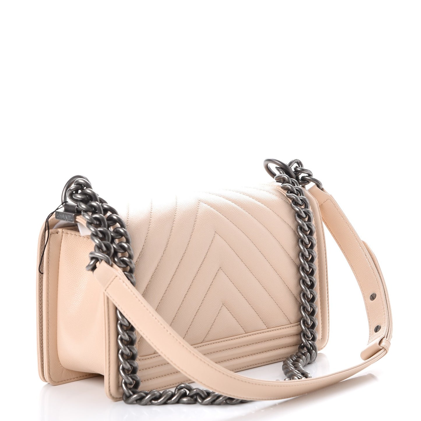 Caviar Chevron Quilted Medium Boy Flap Light Beige