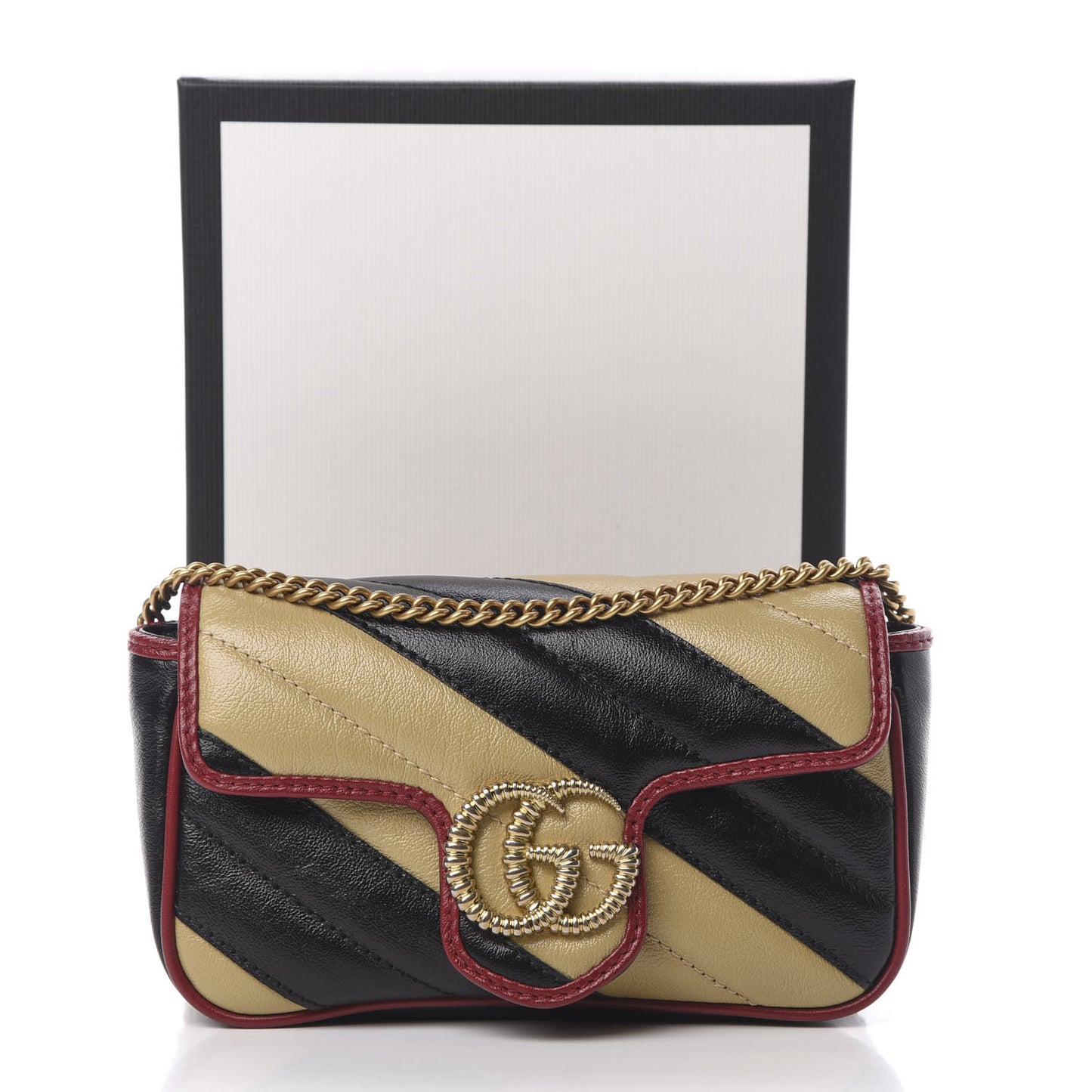 Vintage Effect Calfskin Matelasse Diagonal Striped Super Mini Torchon GG Marmont Shoulder Bag Black Beige