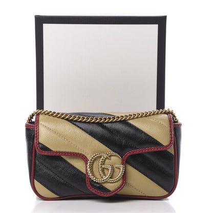Gucci Vintage Effect Calfskin Matelasse Diagonal Striped Super Mini Torchon GG Marmont Shoulder Bag Black Beige 11 of 11
