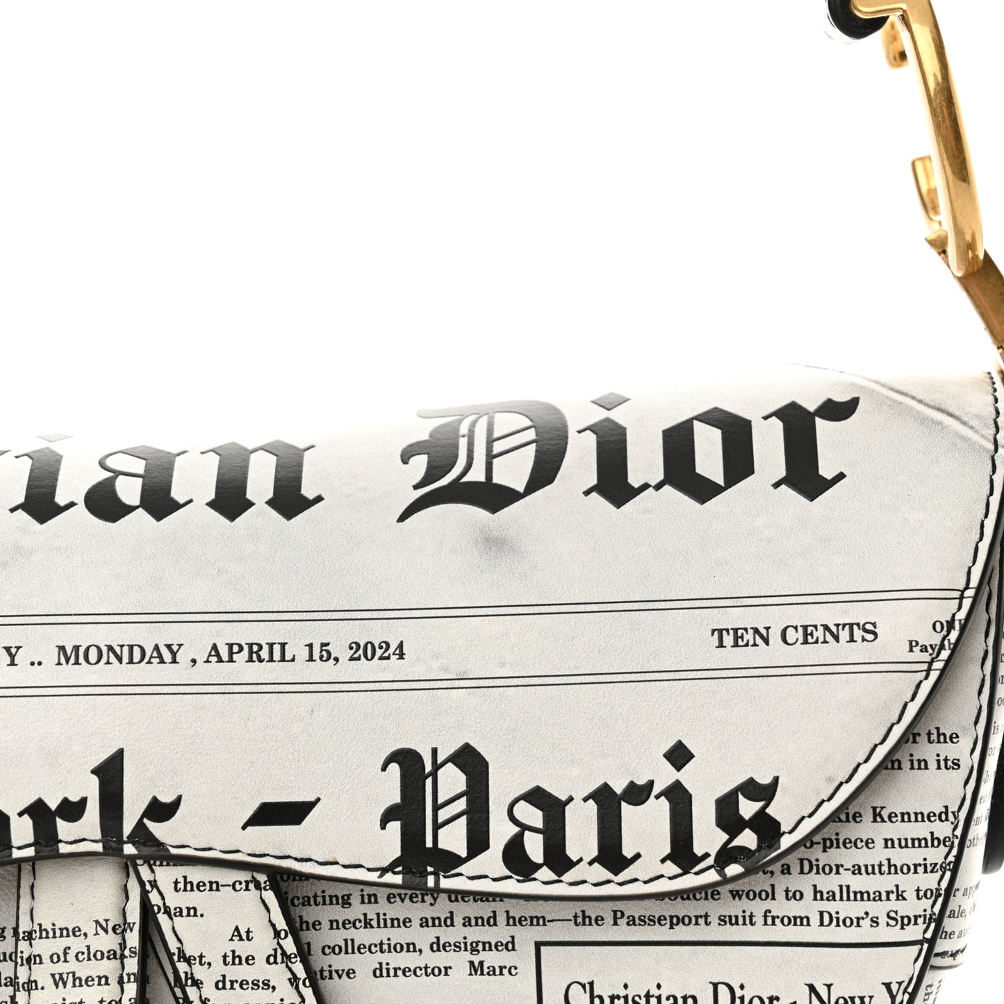 Calfskin Newspaper Printed Saddle Bag With Strap Black White