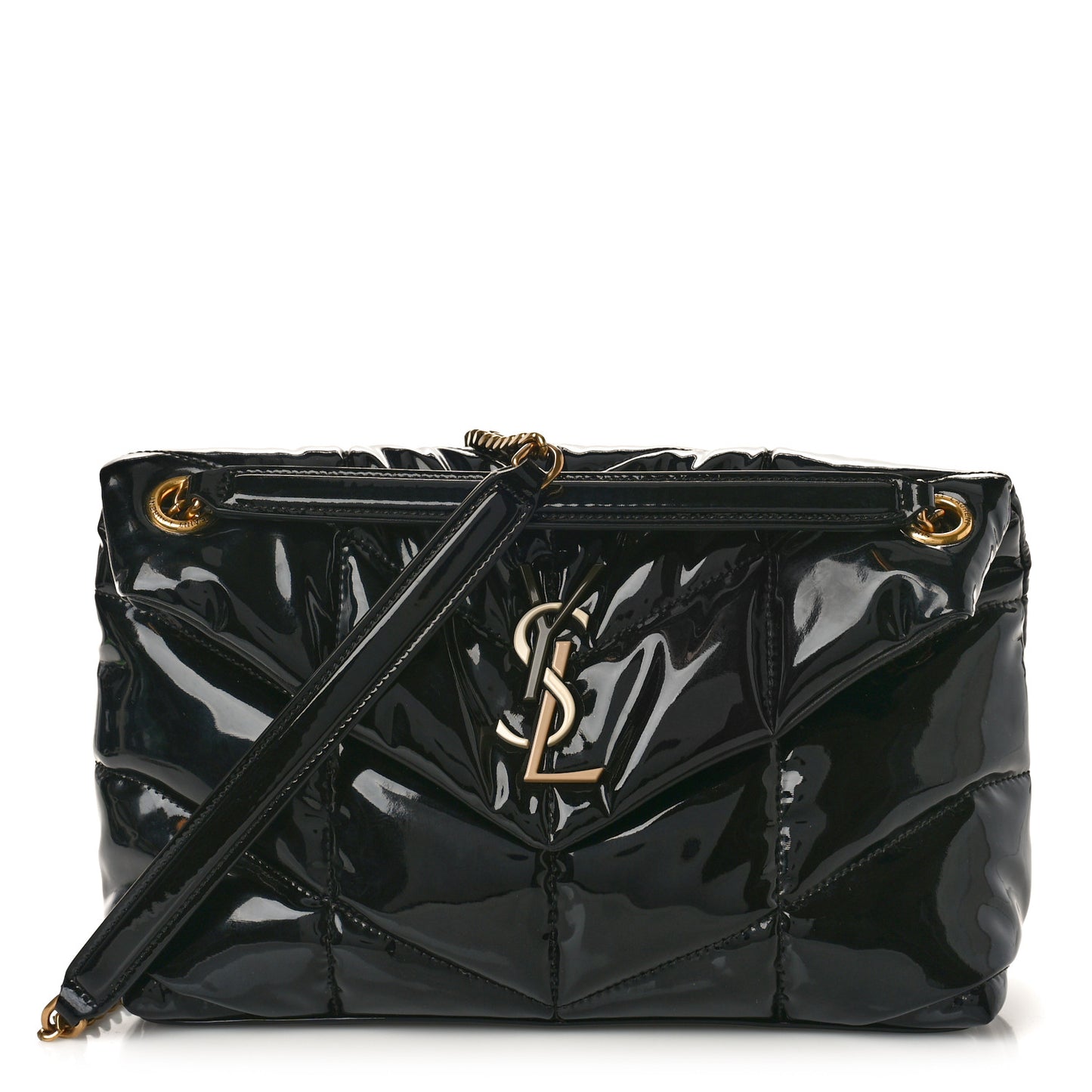 SAINT LAURENT Patent Quilted Small Loulou Puffer Monogram Chain Satchel Black