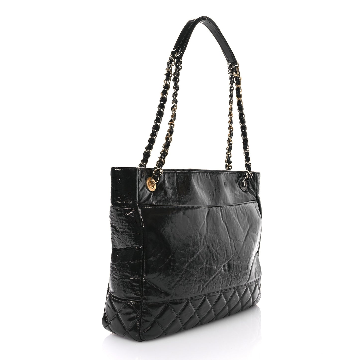 Shiny Aged Calfskin Quilted Large Shopping Bag Black