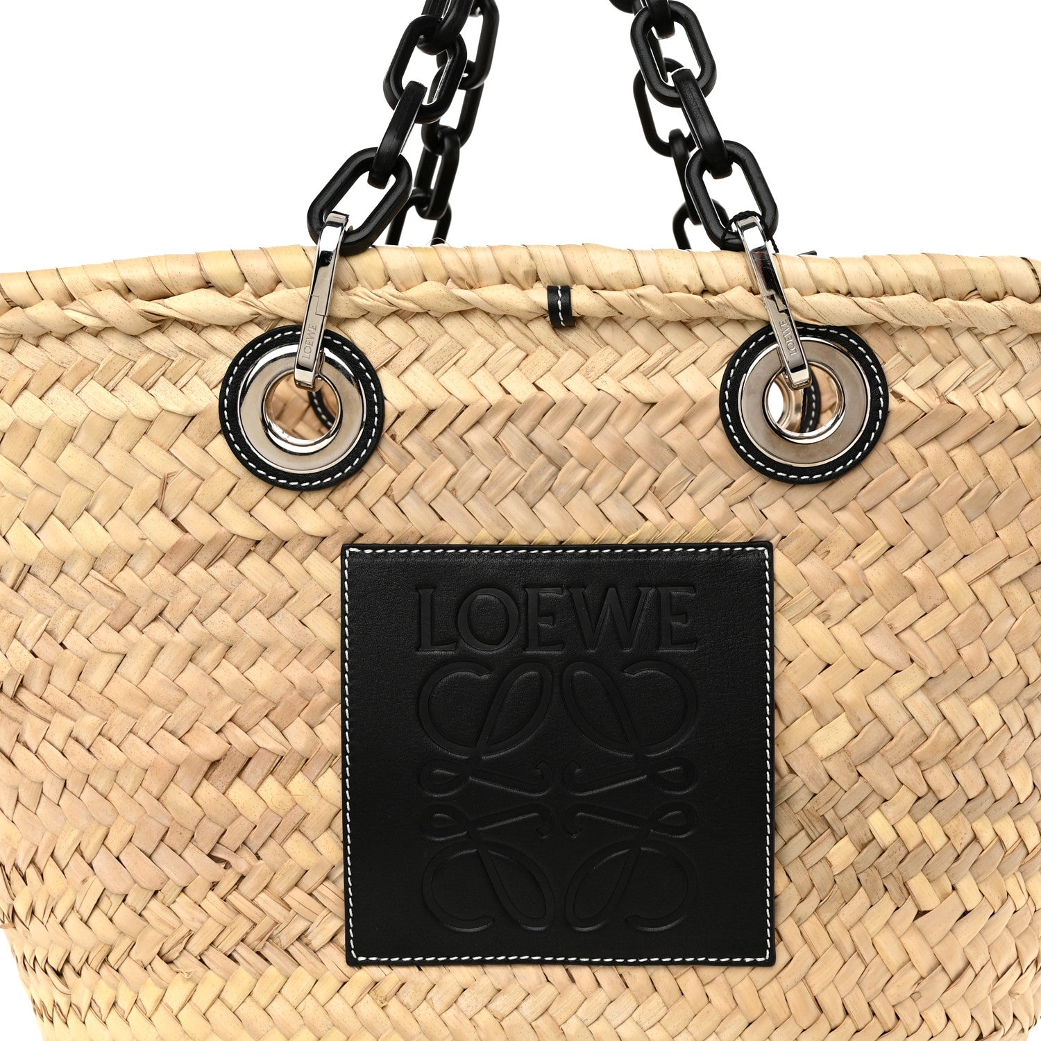 Loewe Raffia Calfskin Medium Chain Basket Tote Bag Natural Black 6 of 8