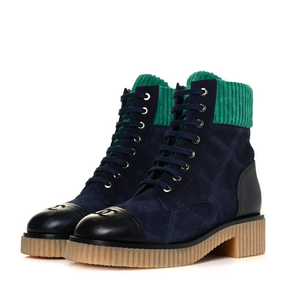 Chanel Suede Calfskin Velvet Quilted CC Combat Boots 38.5 Navy Green Black 3 of 9