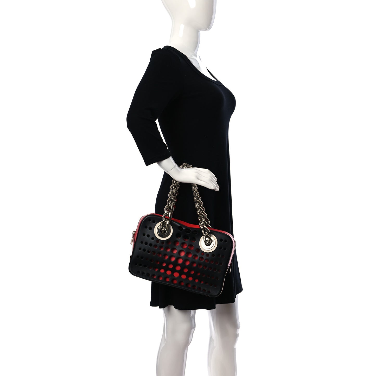 City Calfskin Perforated Chain Shoulder Bag Black Lacca