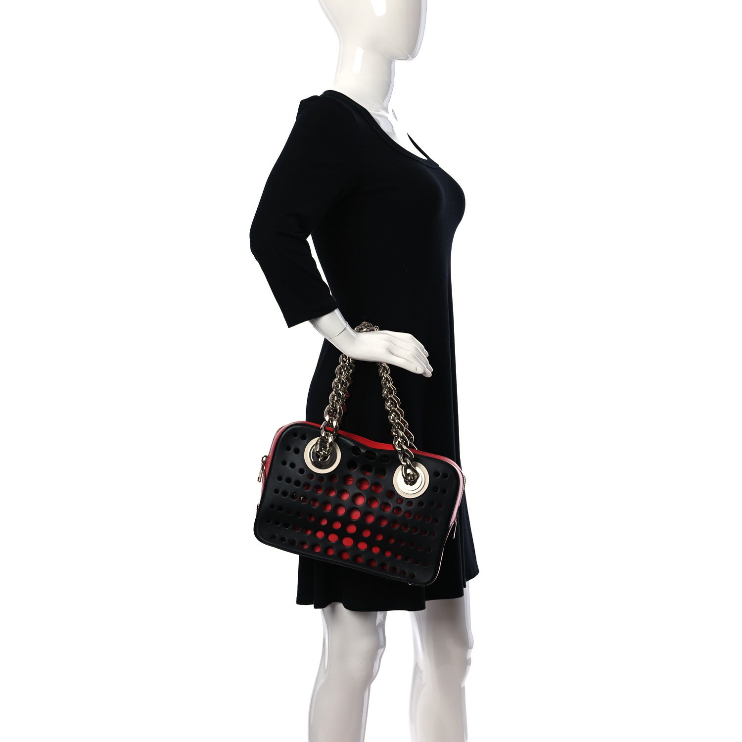 Prada City Calfskin Perforated Chain Shoulder Bag Black Lacca 2 of 13