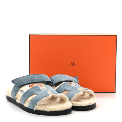 Hermes Suede Goatskin Woolskin Womens Chypre Sandals 40.5 Bleu Pinede Ecru 8 of 8