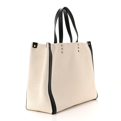 Valentino Garavani Canvas Calfskin VLTN Print Small Rockstud Tote Naturale Black 3 of 9