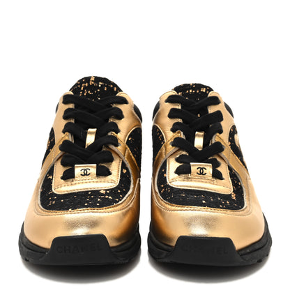 Chanel Satin Lambskin Fabric Tweed CC Sneakers 36 Gold Black 2 of 7