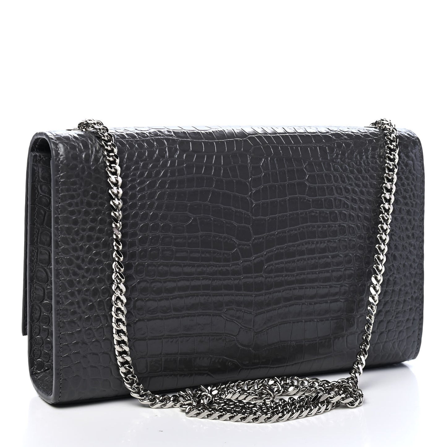 Calfskin Crocodile Embossed Medium Classic Monogram Kate Tassel Satchel Storm
