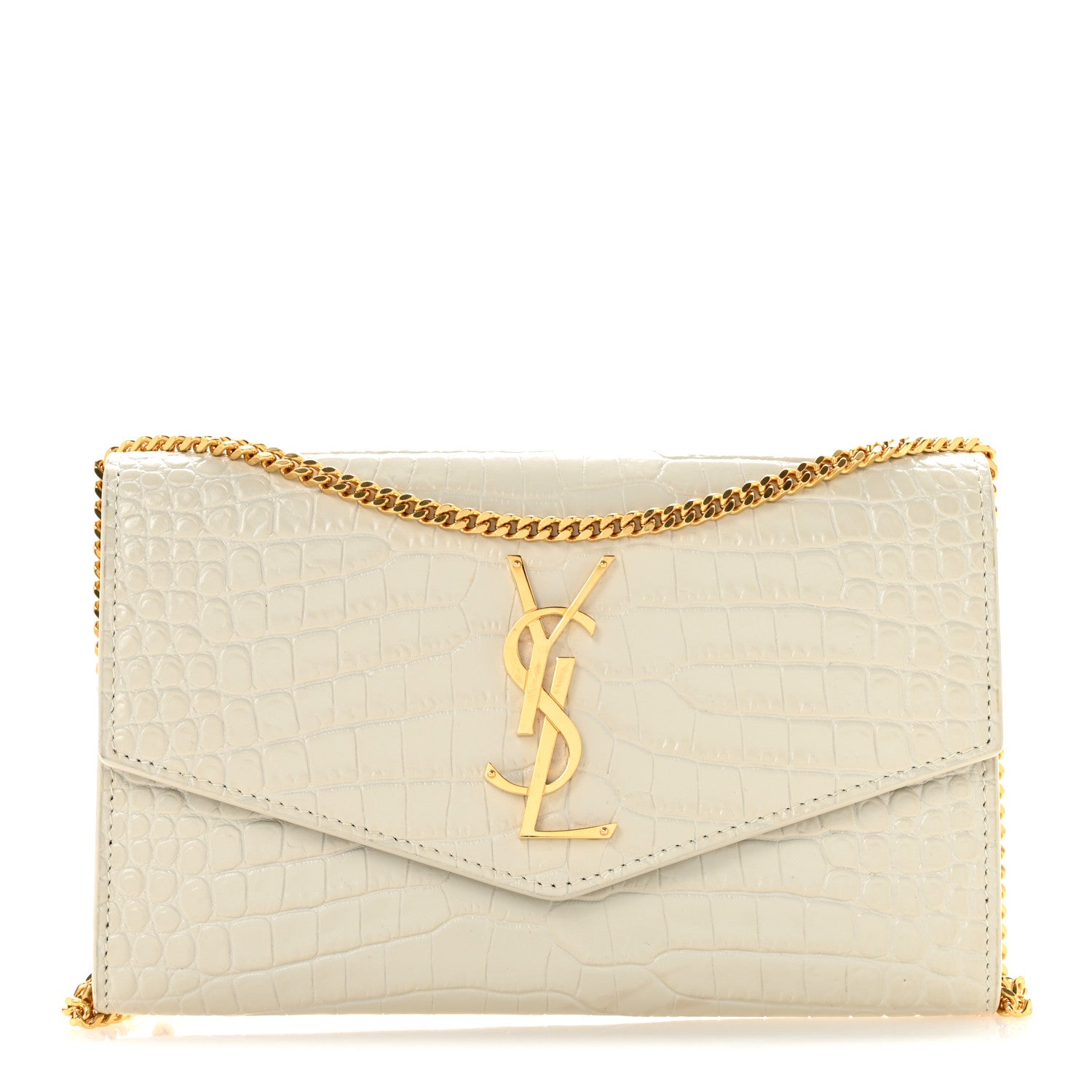 Saint Laurent Calfskin Crocodile Embossed Monogram Uptown Chain Wallet Crema Soft 1 of 14