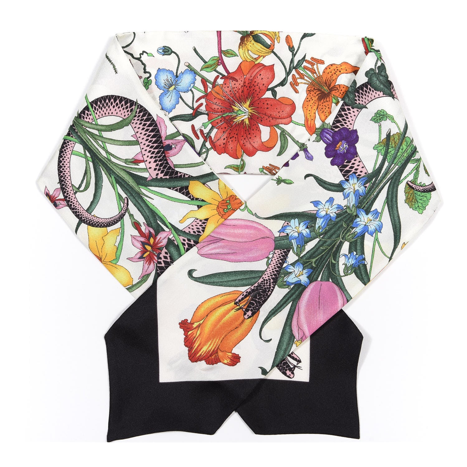 Gucci Silk Twill Flora Snake Neck Bow Scarf Ivory Black 1 of 3
