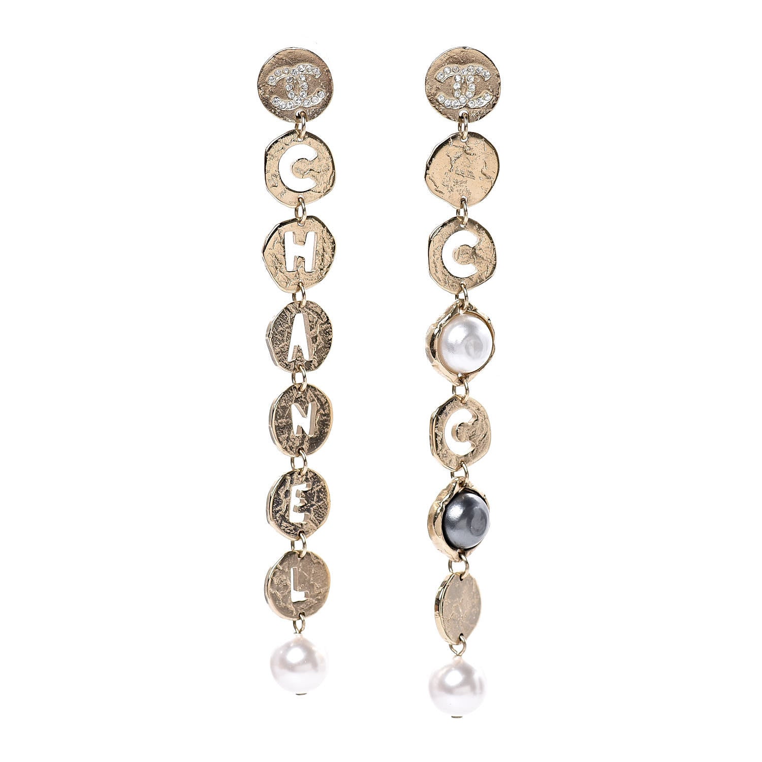 Chanel Pearl Crystal Papyrus Drop Strand Earrings Gold Grey 1 of 5