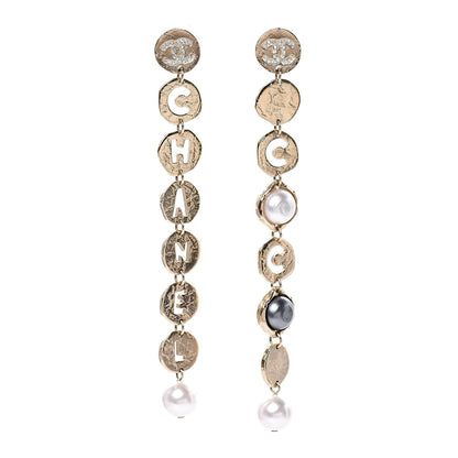 Chanel Pearl Crystal Papyrus Drop Strand Earrings Gold Grey 1 of 5