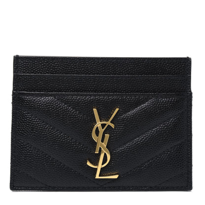 Saint Laurent Grain De Poudre Matelasse Chevron Monogram Credit Card Case Black 1 of 5