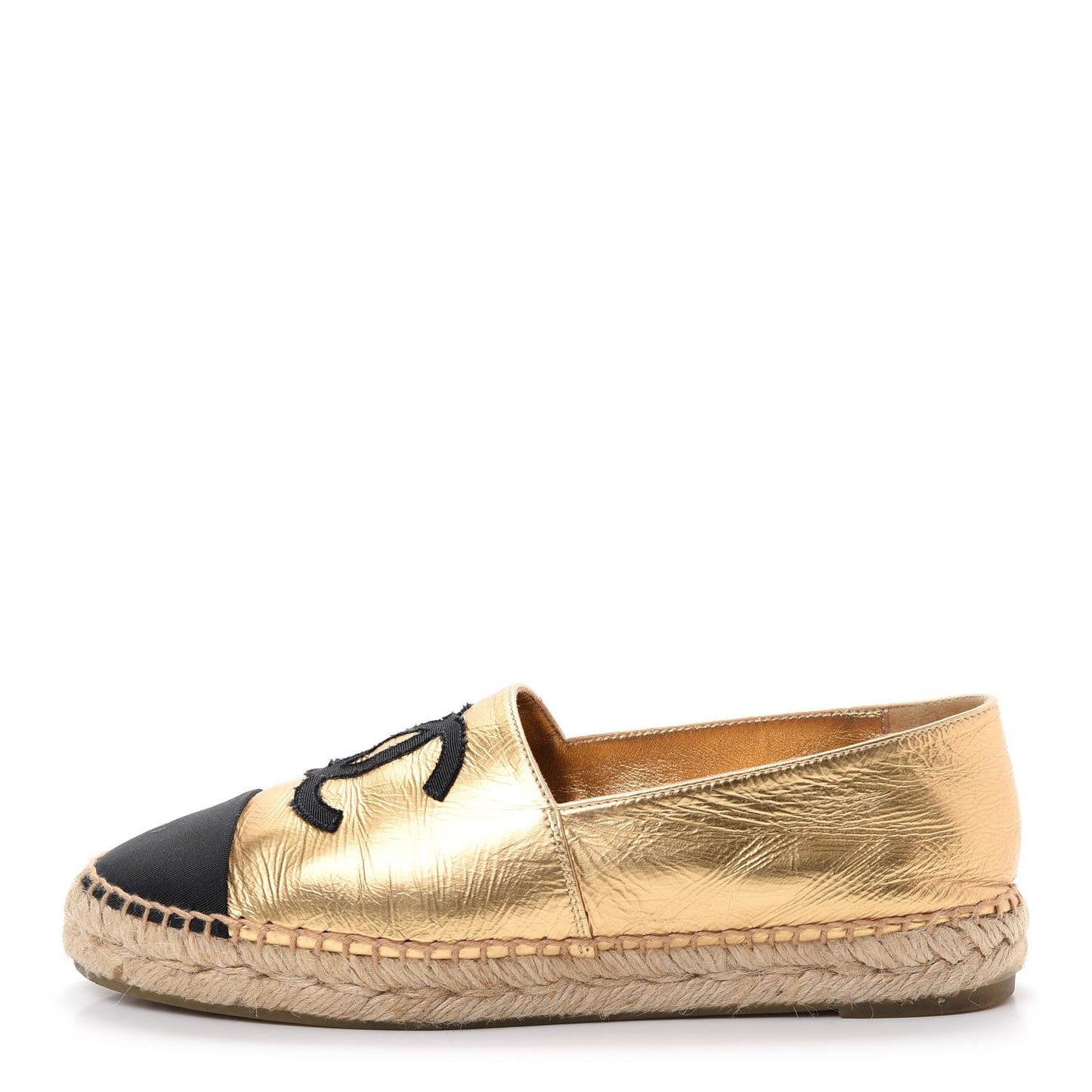 Laminated Lambskin Grosgrain CC Espadrilles 38 Gold Black