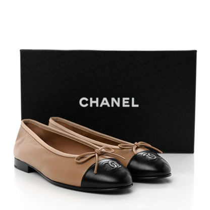Chanel Lambskin Cap Toe CC Ballerina Flats 36 Dark Beige Black 9 of 9