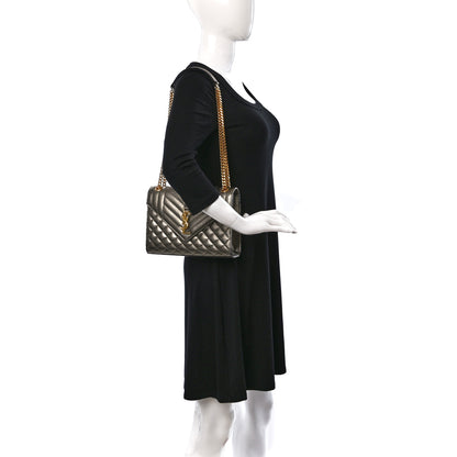 Saint Laurent Metallic Grain De Poudre Textured Mixed Matelasse Triquilt Medium Monogram Satchel Piombo 2 of 15