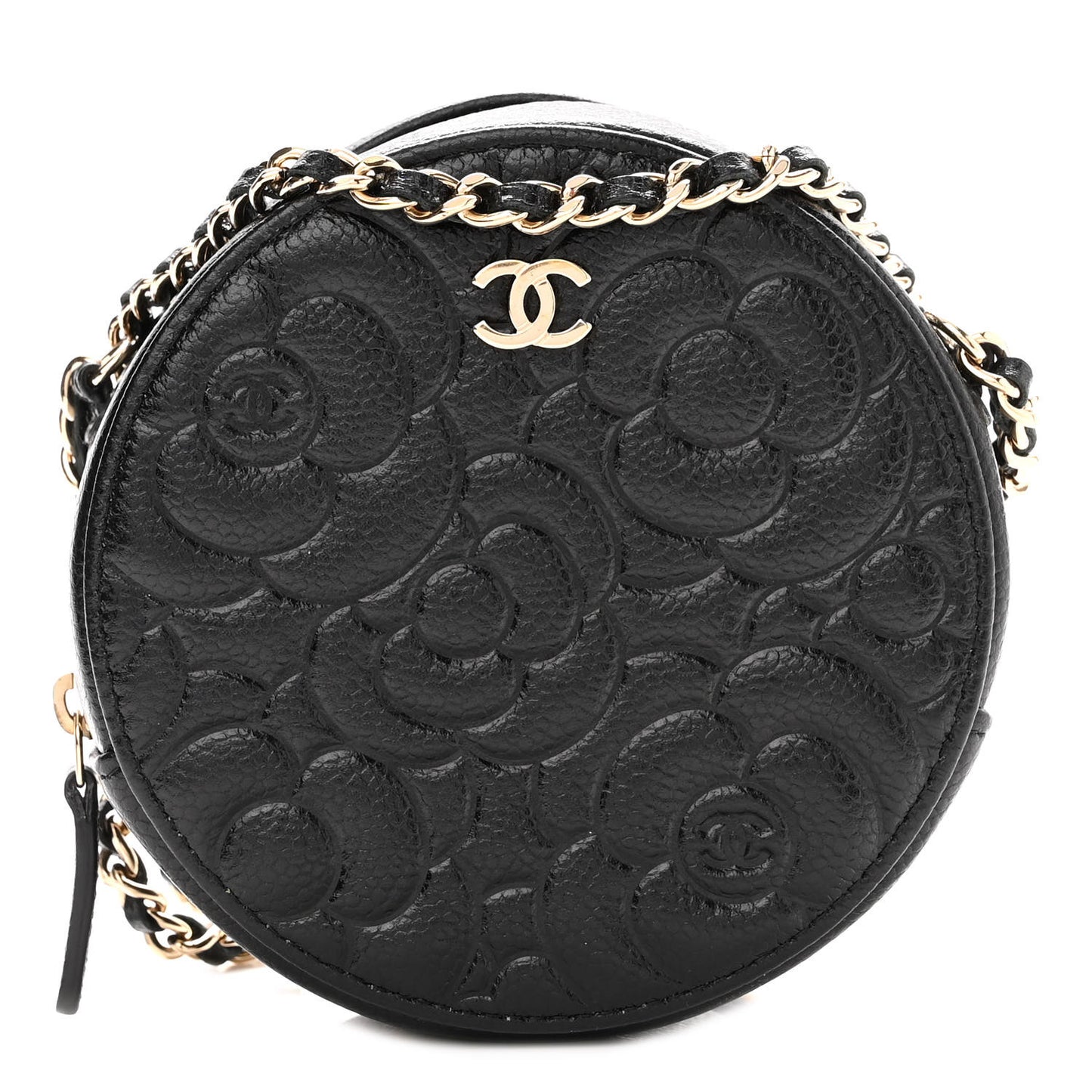 Caviar Camellia Embossed Round Clutch With Chain Black