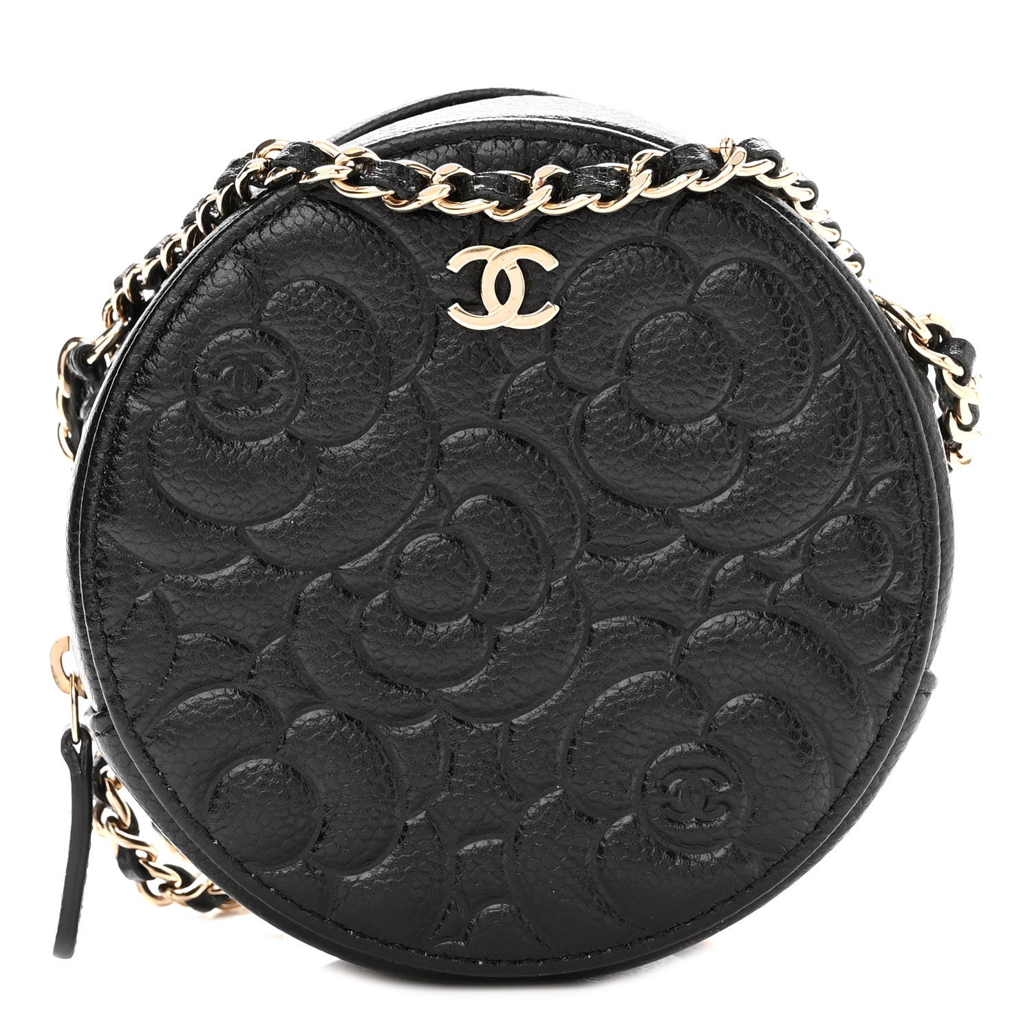 Chanel Caviar Camellia Embossed Round Clutch With Chain Black 1 of 10