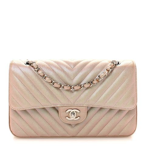 Metallic Caviar Chevron Quilted Medium Double Flap Light Gold
