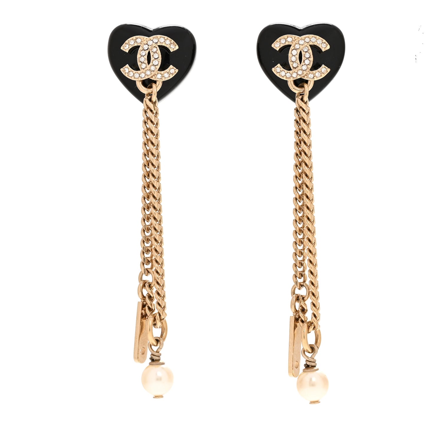 Resin Crystal Pearl CC Heart Chain Earrings Black Gold