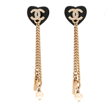 Chanel Resin Crystal Pearl CC Heart Chain Earrings Black Gold 1 of 4