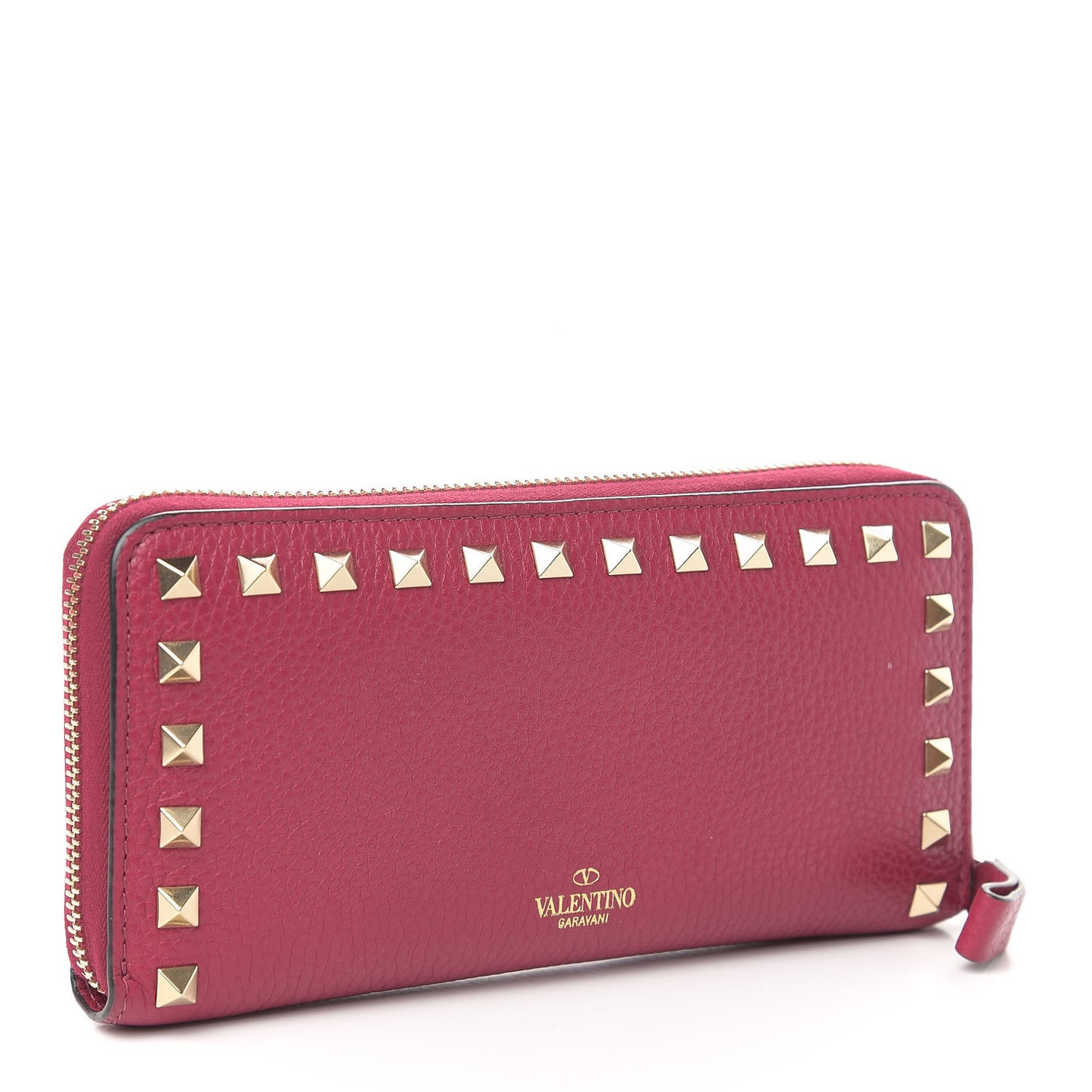 Pebbled Calfskin Rockstud Zip Around Wallet Raspberry