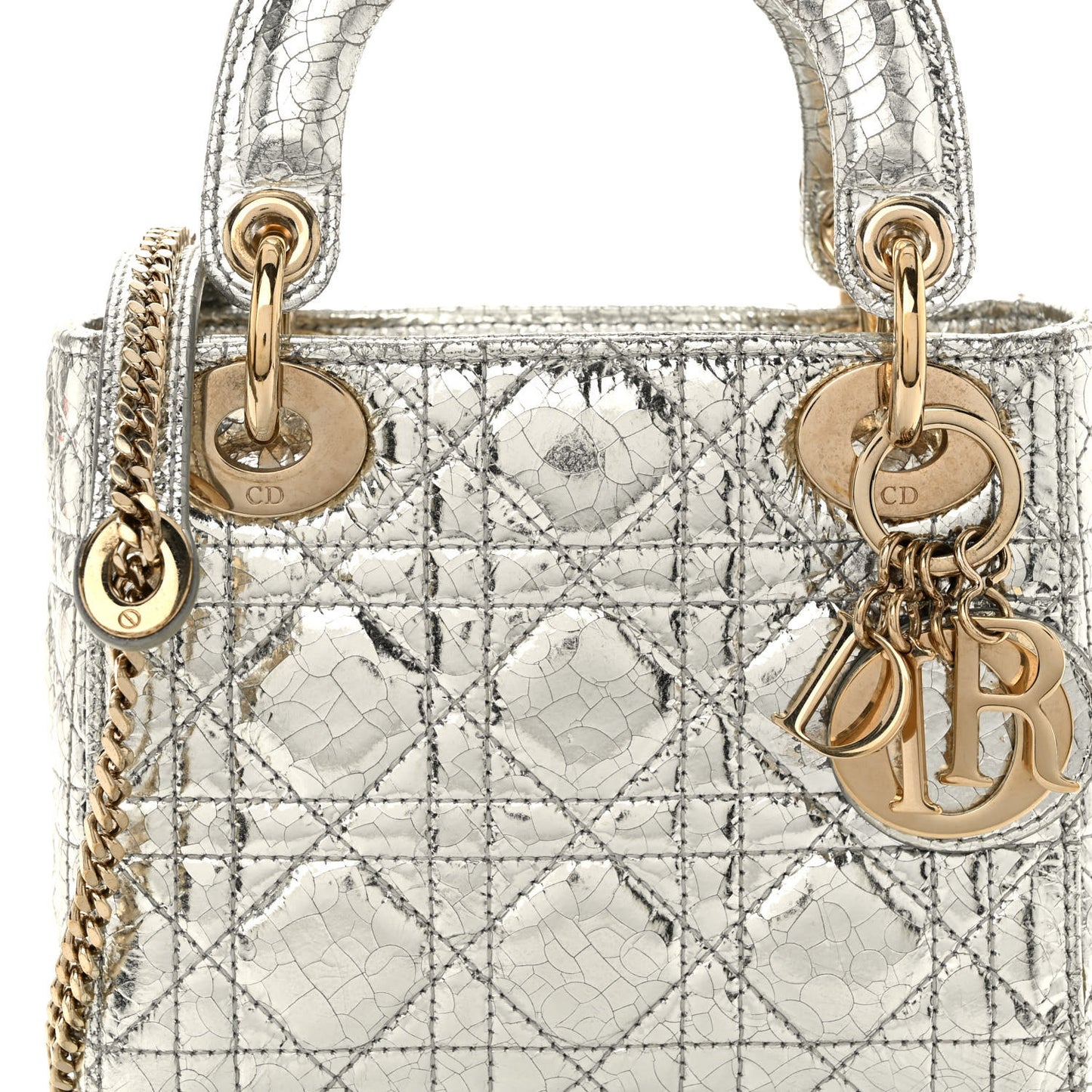 Metallic Crinkled Cannage Micro Lady Dior Silver