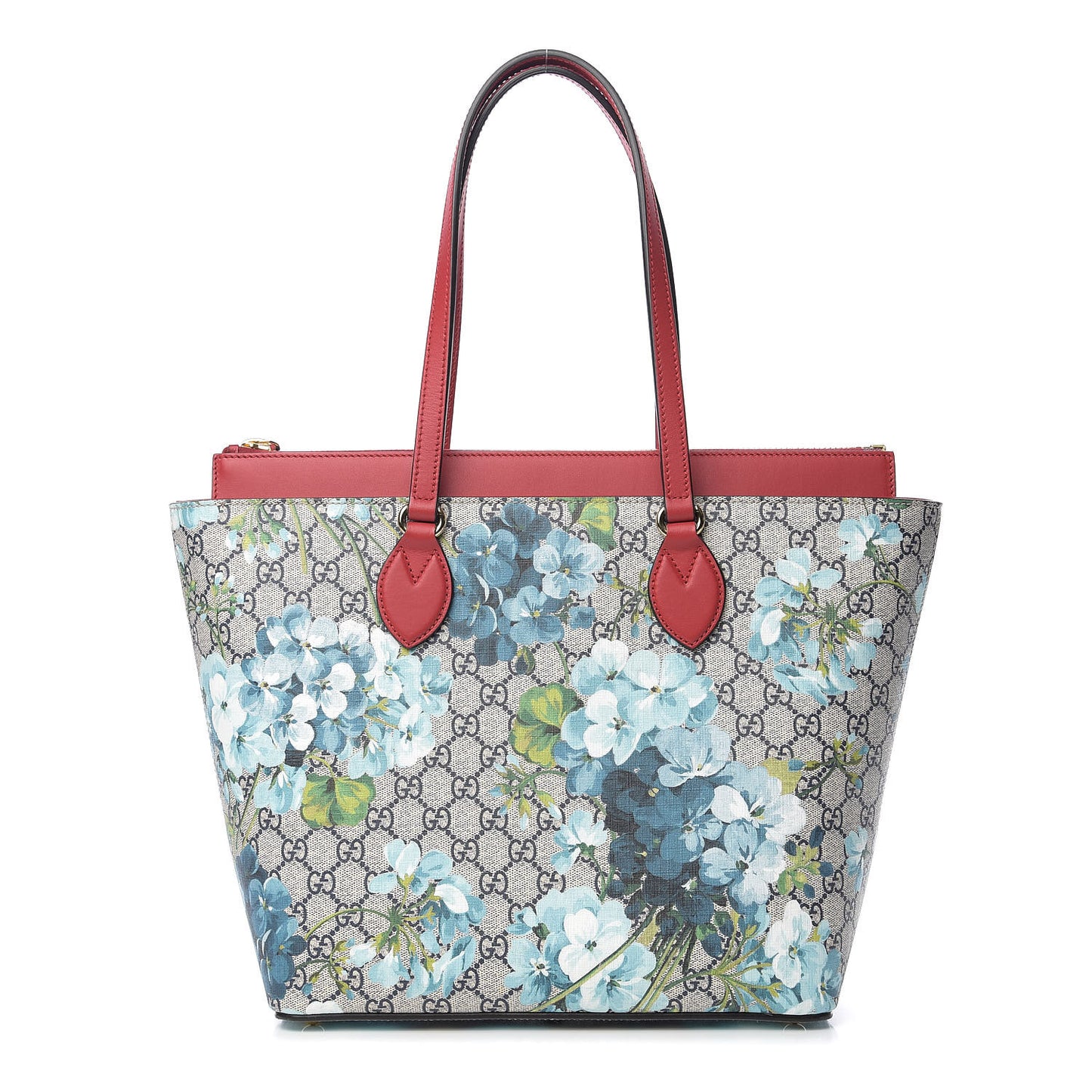 GG Supreme Monogram Blooms Medium Zippered Bucket Tote Beige Blue Navy Hibiscus Red