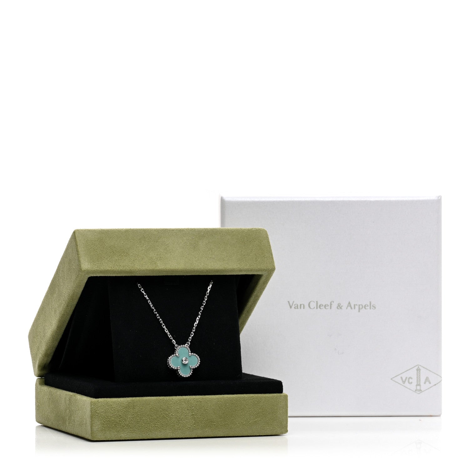 Van Cleef & Arpels 18K White Gold Diamond Celadon Green Sevres Porcelain Vintage Alhambra Pendant Necklace 6 of 6