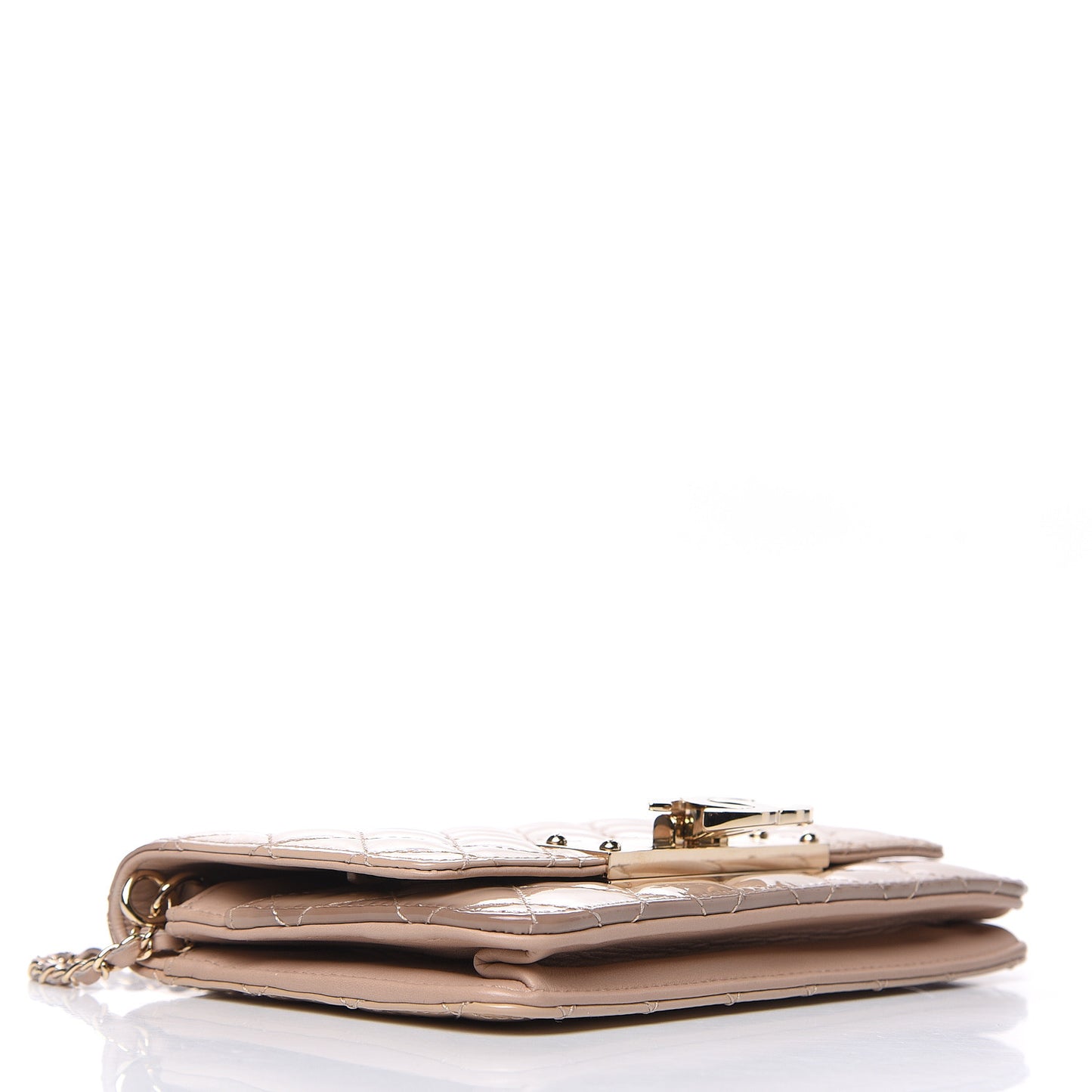 Patent Quilted Golden Class Clutch With Chain Light Beige