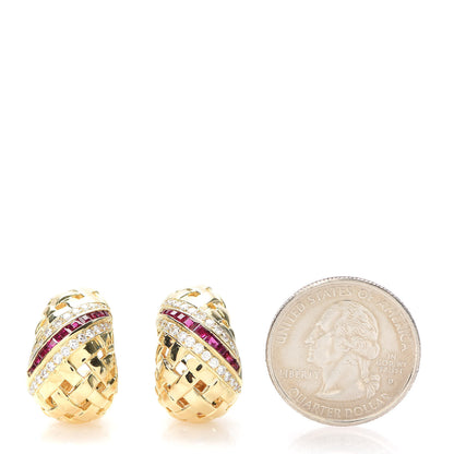 Tiffany 18K Yellow Gold Diamond Ruby Vannerie Clip-On Earrings 2 of 5