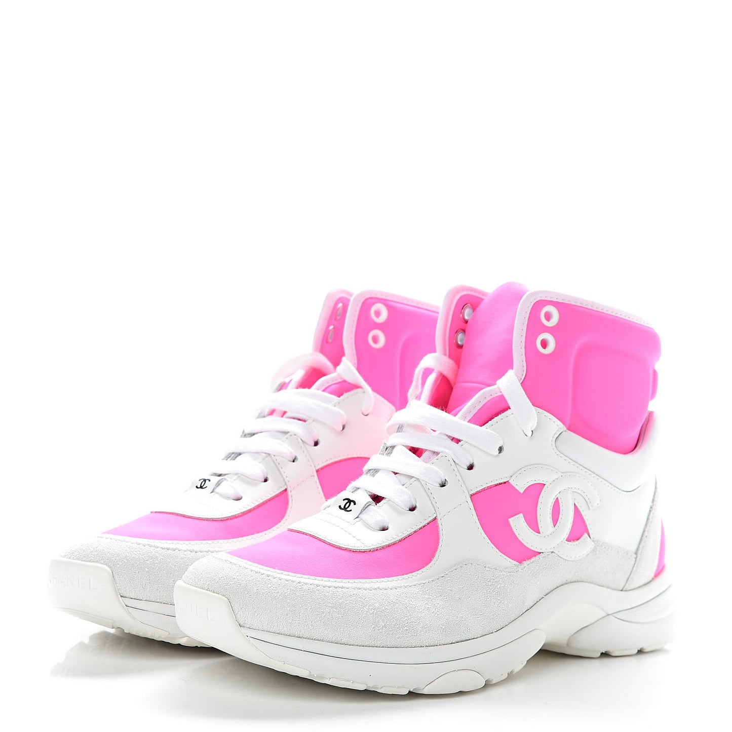 Suede Calfskin Lambskin Neoprene High Top CC Sneakers 37 White Fluo Pink