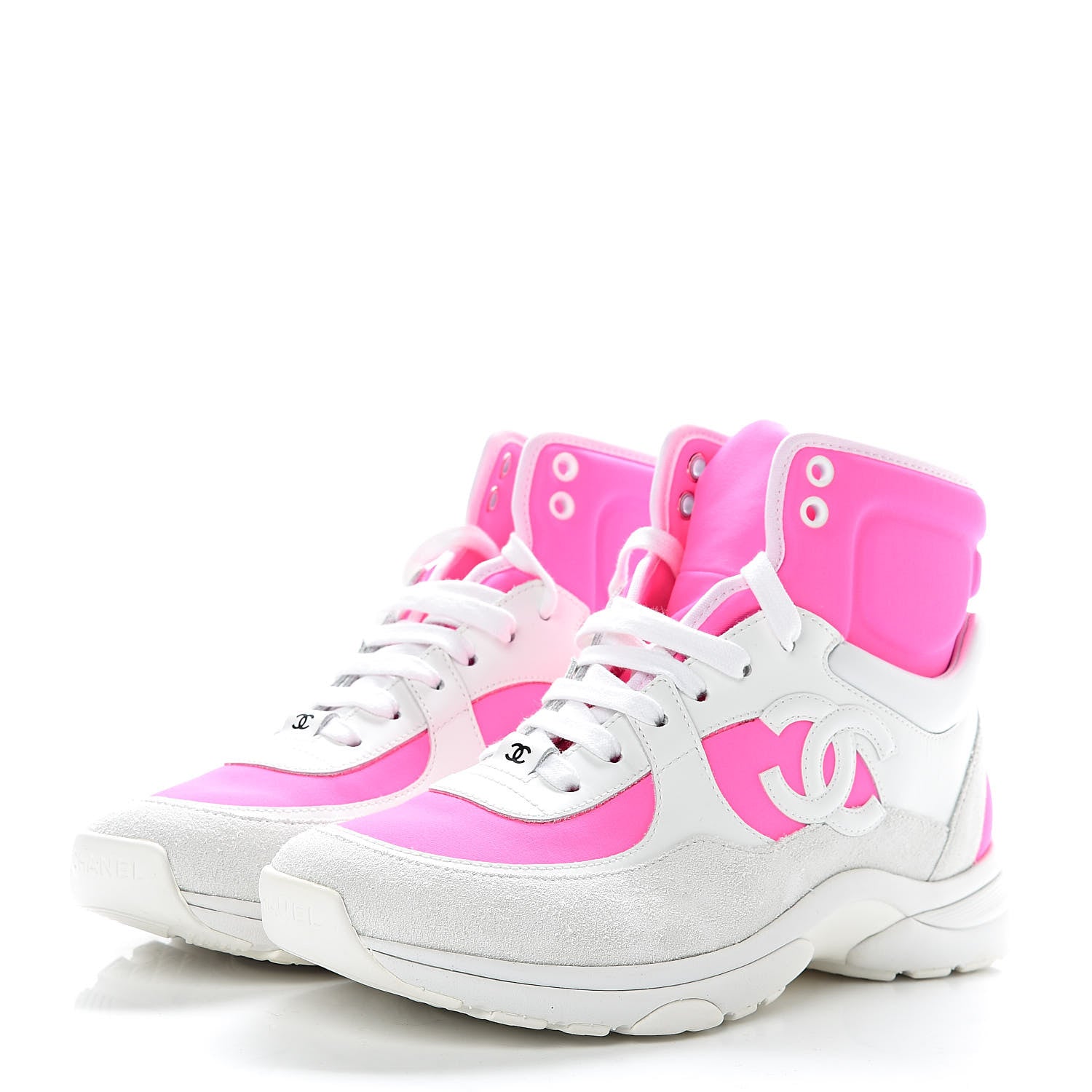 Chanel Suede Calfskin Lambskin Neoprene High Top CC Sneakers 37 White Fluo Pink 3 of 9