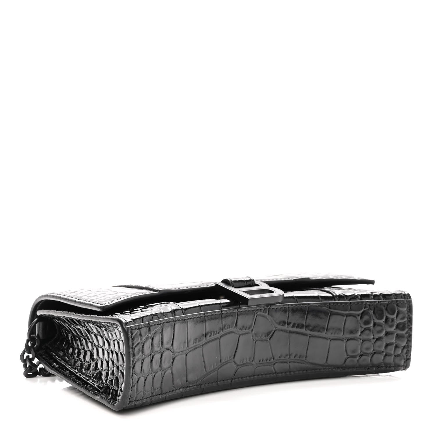 Balenciaga Shiny Calfskin Monochrome Crocodile Embossed Small Hourglass Evening Chain Bag Black 3 of 9