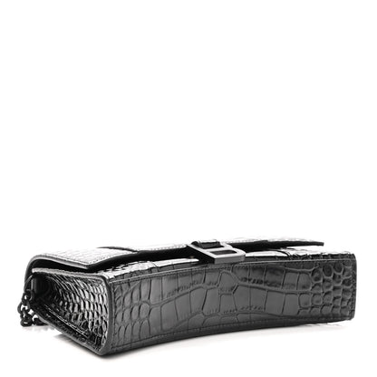 Balenciaga Shiny Calfskin Monochrome Crocodile Embossed Small Hourglass Evening Chain Bag Black 3 of 9