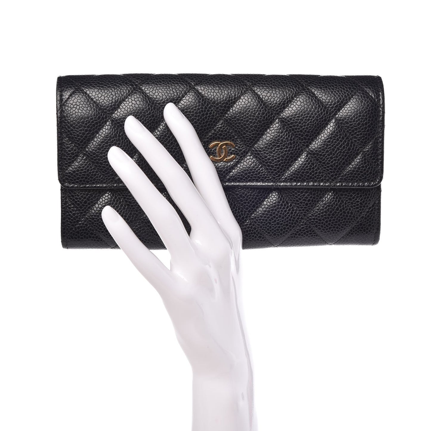 Caviar Quilted Large Gusset Flap Wallet Black