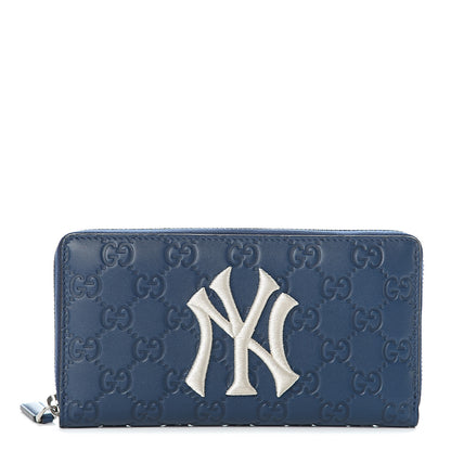 Gucci X MLB Guccissima Signature NY Yankees Embroidered Zip Around Wallet Royale Ivory 1 of 8