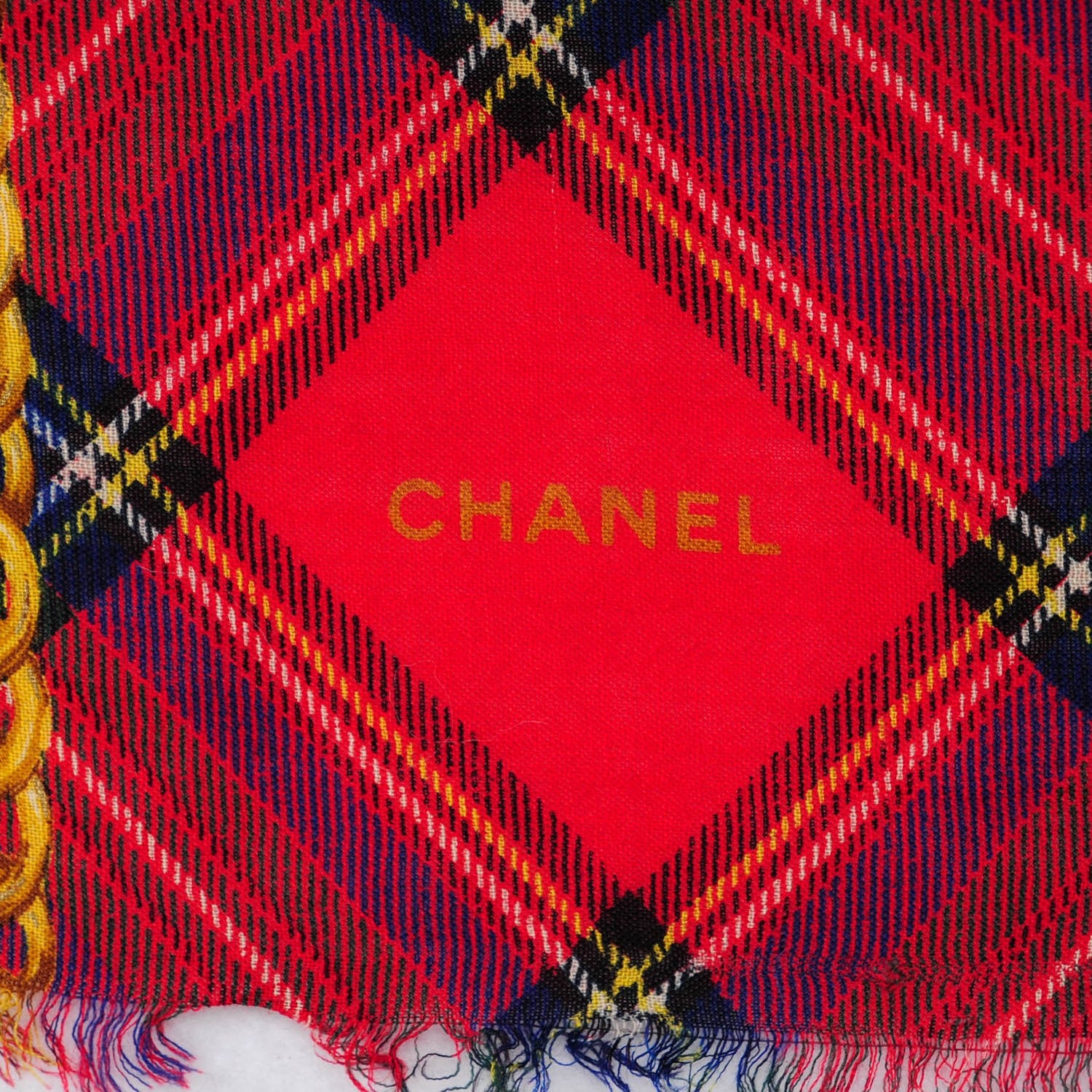 Chanel Silk Cashmere Tartan CC Medallion Shawl Red 4 of 5