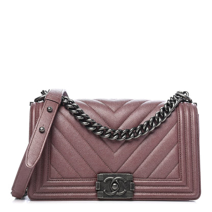 Chanel Metallic Caviar Chevron Quilted Medium Boy Flap Dark Pink 1 of 9