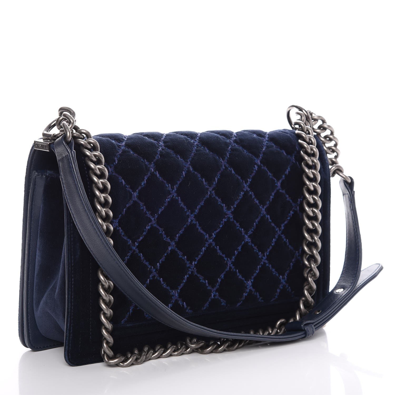 Chanel Velvet Tweed Quilted New Medium Boy Flap Dark Navy Blue 3 of 10
