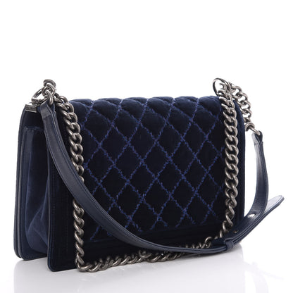 Chanel Velvet Tweed Quilted New Medium Boy Flap Dark Navy Blue 3 of 10