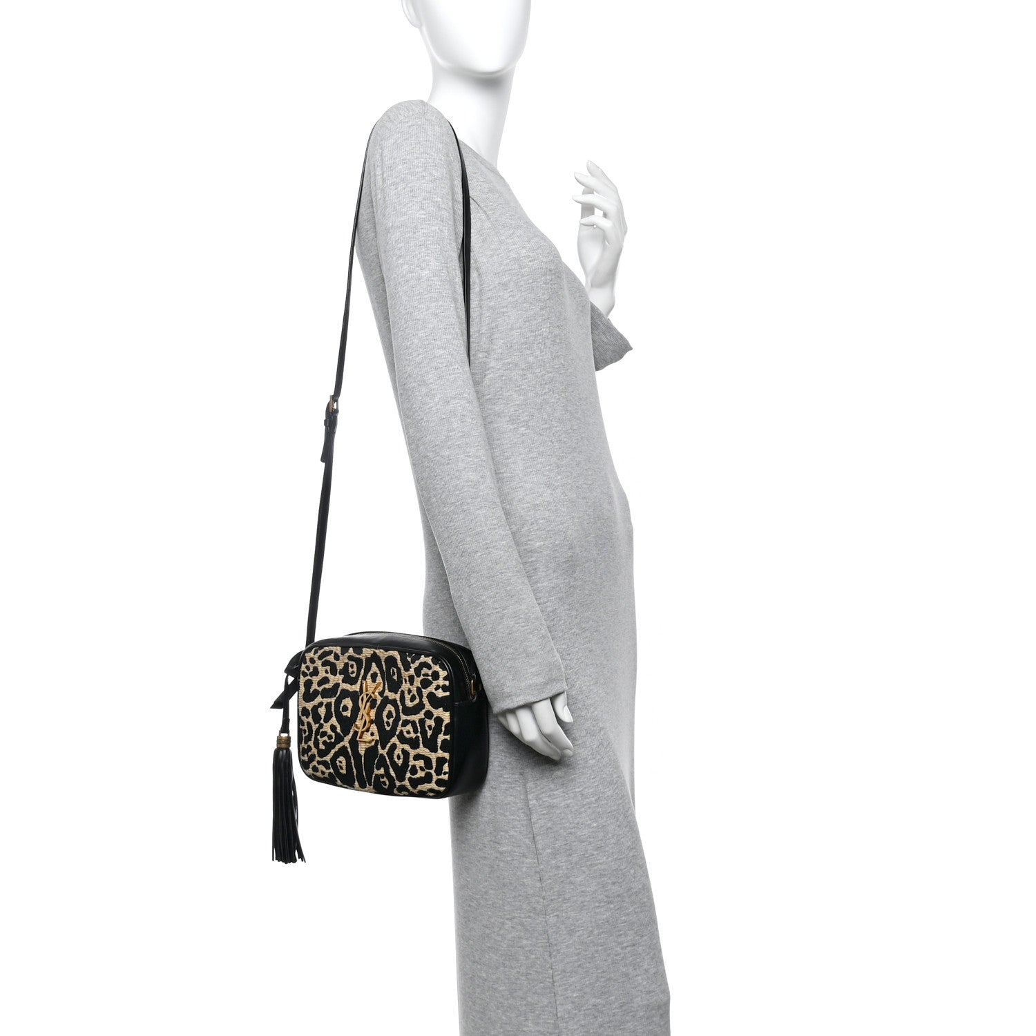 Saint Laurent Raffia Calfskin Leopard Print Monogram Lou Camera Bag Natural Beige Black 2 of 12