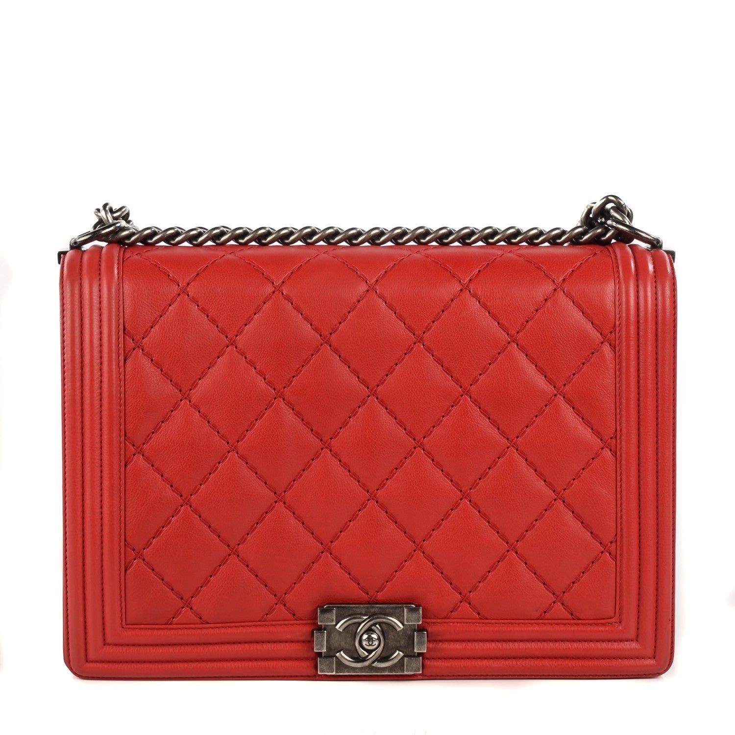 Chanel Calfskin Quilted Double Stitch Large Boy Flap Red 1 of 8