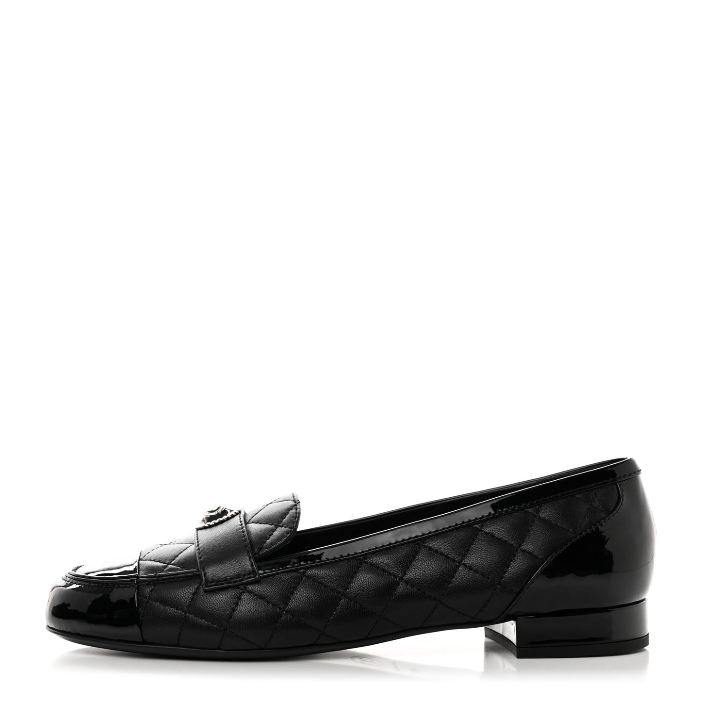 Lambskin Quilted Patent Calfskin Cap Toe CC Loafers 40 Black