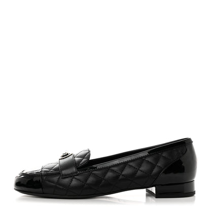 Chanel Lambskin Quilted Patent Calfskin Cap Toe CC Loafers 40 Black 1 of 9