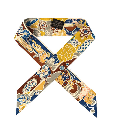 Hermes Silk Bingata Twilly Moutarde Bleu Brun 1 of 4